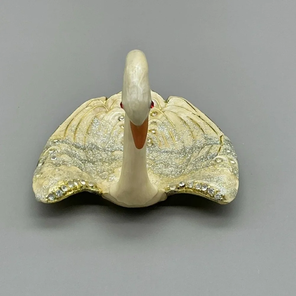 Swan Ring Holder Trinket Dish White Gold Glitter Rhinestone Jewelry Vanity Decor